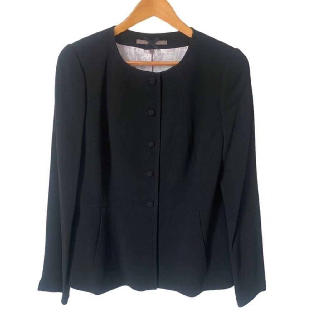 Jigsaw London Wool Blend Button Up Black Blazer Mandarin Collar Size UK 14 US 10